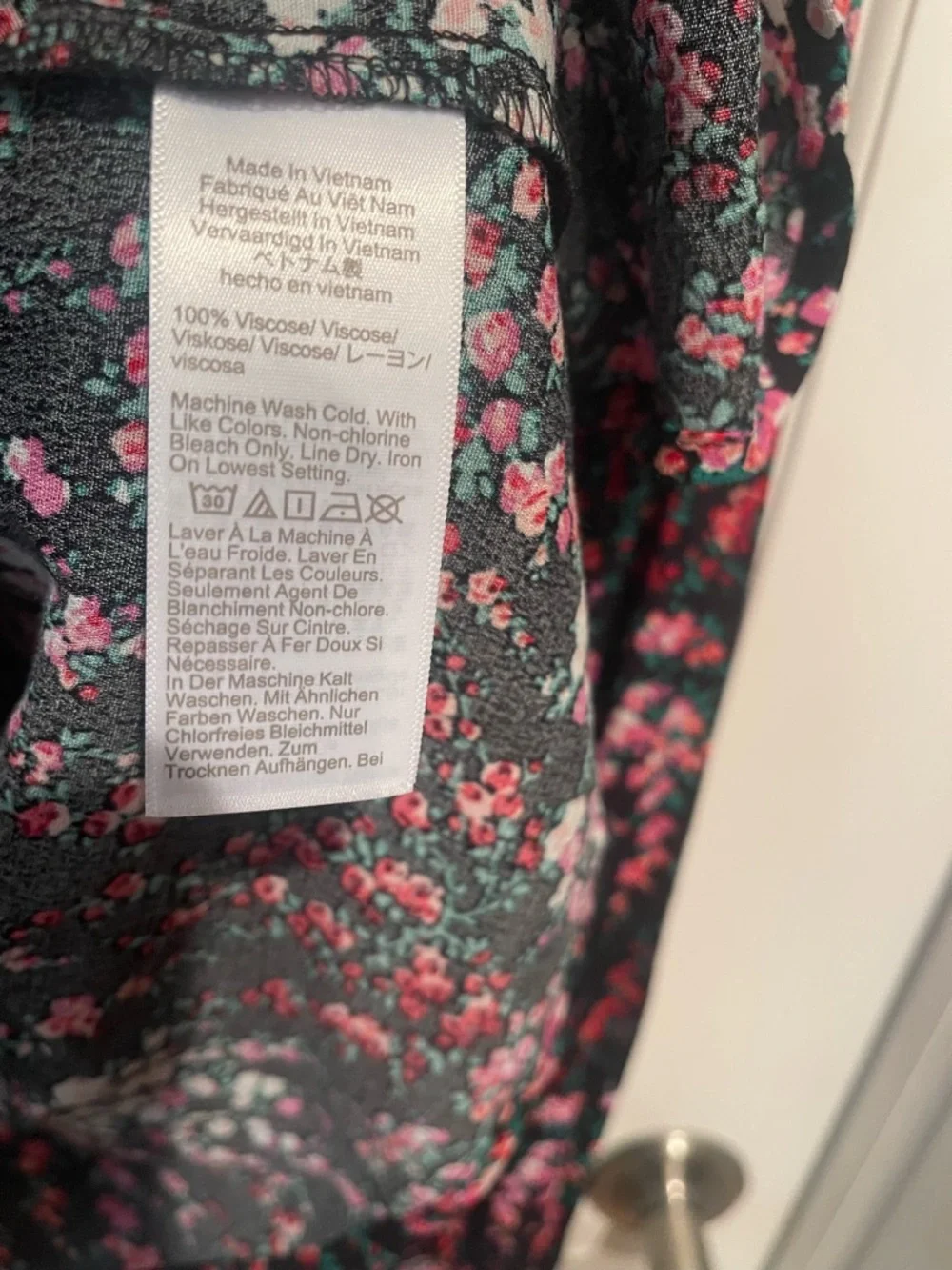 J. Crew Black Floral Long-Sleeve Blouse with Pink and Red Blossoms